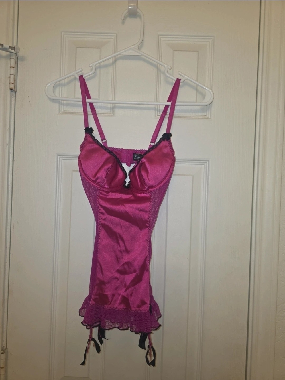 Frederick's of Hollywood Hot Pink Satin Lace Chemise with Garter Straps